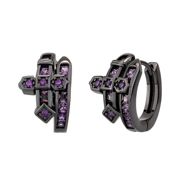 Fashion Sword of Justice Boucles d'oreilles de zircon cubique Huggie Hoop Earring Bling Purple Cz Stone Black Color Hip Hop Steampunk Rock For Men Women Ear Ring Retro Jewelry
