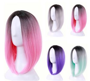 Moda Pelucas para el cabello sintético Corto peluca Bob Wig Ombre Color 12 pulgada Ninguna Pelucas delanteras de encaje Resistente al calor Pelucas de pelo sintético Sintético Estilo recto