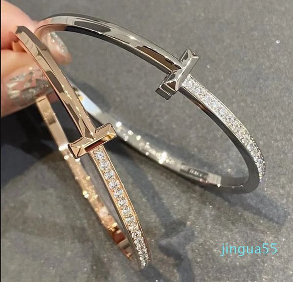Fashion T Bangles Semi Diamond Sterling Silver Series 18k Gold Plated Girl Classic Zircon Bangle For Ladie