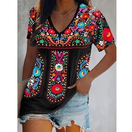 Camisetas de moda Floral étnica 3d estampado Vneck Vneck Mujeres retro boho tops streetwear harajuku camiseta de gran tamaño ropa femenina 240412