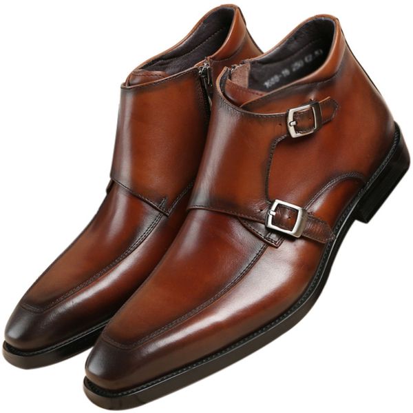 / Fashion Tan Black Double Strap Ankle Homme Robe Véritable Bottes en cuir Chaussures de mariage masculin F7E1