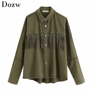 Mode Tassel Denim Jas Jas Vrouwen Fringe Kralen Patchwork Losse Lange Mouw Streetwear Vrouwelijke Bovenkleding Tops 210515