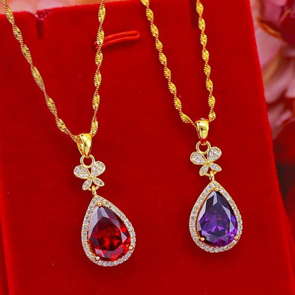 Mode larme rouge/violet zircone 18k or jaune rempli belle femmes pendentif chaîne collier cadeau bijoux