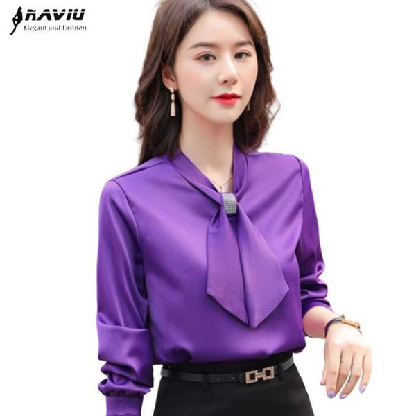 Moda temperamento camisa mujer manga larga otoño elegante púrpura Formal gasa blusas Oficina señoras Casual trabajo Tops 210604