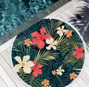 Mode De nieuwste 150 cm ronde bedrukte strandhanddoek, groene plantstijl plus perzikkleurige huid, kwastjes voelen zacht aan