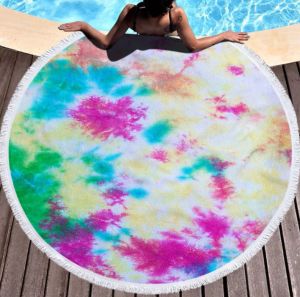 Mode La dernière serviette de plage imprimée ronde de 150 cm, style léger tie-dye, microfibre, glands, toucher doux