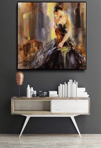Mode la femme jouant du violon peinture à l'huile moderne affiches d'art abstrait imprime des images murales rétro pour salon décoration de la maison9524694