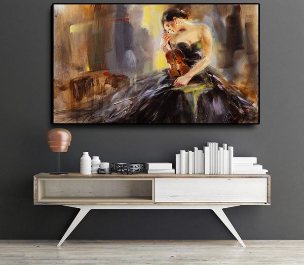 Mode la femme jouant du violon peinture à l'huile moderne affiches d'art abstrait imprime des images murales rétro pour salon décoration de la maison9325731