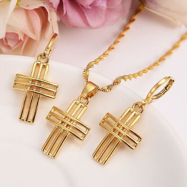 Ensemble de boucles d'oreilles et collier en forme de ligne tridimensionnelle pour femmes, cadeau de fête, ensembles de bijoux avec pendentif en croix rempli d'or fin jaune 14k
