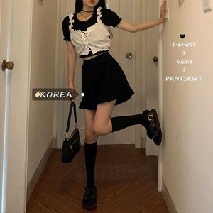Mode trois pièces femme SS étudiant coréen chemise à manches longues + bretelles sexy jupe noire pantalon tendance costume 210526