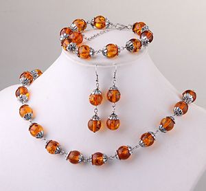 Mode Tibet argent rond perles d'ambre collier bracelet boucles d'oreilles ensemble avec 0.47 