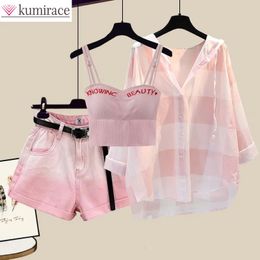 Mode-dyed shorts zonnebrandcrème geruite shirt roze bh driedelige elegante damesbroek set zomer outfits tracksuit voor 240428