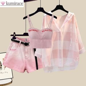 Mode tie-dye shorts zonnebrandcrème geruit overhemd roze beha driedelige elegante damesbroek set zomeroutfits trainingspak voor 240311