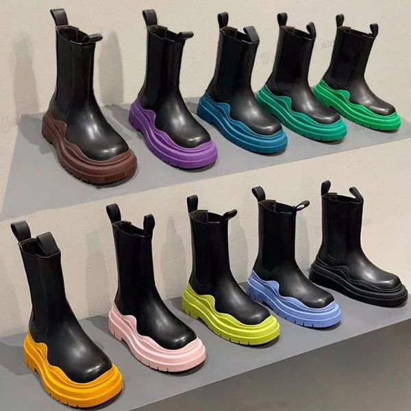 Bottes de pneu à la mode pour hommes et femmes, bottes de styliste, noires, vertes, roses, mi-chelsea Martin, chaussures de moto à plateforme, bottes de pluie