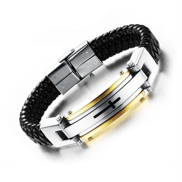 Moda de acero de titanio pulseras con dijes de cuero genuino para mujeres retro simple cadena cruzada brazalete diseñador joyería de lujo para hombre Gold265v