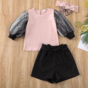 Fashion Toddler Baby Girl Vêtements Ensembles en dentelle T-shirt à manches longues Tops Court Pantalon Bandeau 3pcs Tenue Vêtements de coton