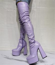 Toe à mode Route nouvelles femmes sur le genou Chunky Purple Slim Cuisine High Long Talon épais Bottes de grande taille 5