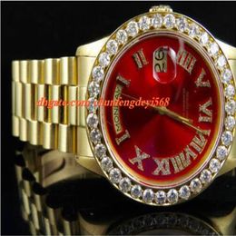 Mode Top Kwaliteit Luxe Horloge 18K Heren Geel Goud 36MM Rode Wijzerplaat Groter Diamanten Horloge 6.0 Ct Automatisch uurwerk Mannen Watch274Z