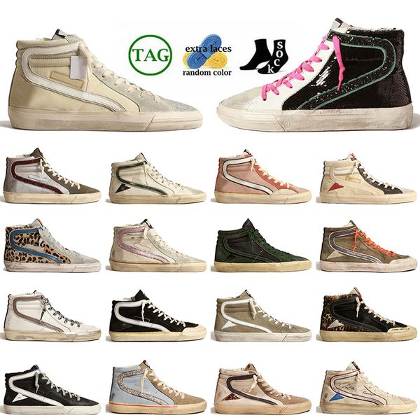 Mode Top Qualité Italie Marque Slide Designer Chaussures Glitter Luxe Fabriqué À La Main Mid Ball Star Femmes Hommes Calfskin Flash Upper Argent Or Baskets Baskets