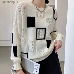 Mode Tops 2022 Vrouwen Oversized Trui Herfst Winter Nieuwe Colorblock Plaid Gebreide Truien Ronde Hals Retro Warme Truien L230619