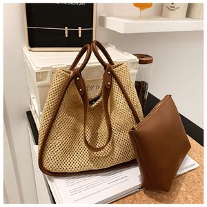 Sac fourre-tout de mode grande capacité sac à paille portable sac de couleur de contraste personnalisé sac de banlieue d'été Pu Sac à bandoulière