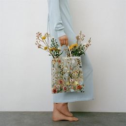 Mode fourre-tout sac été Style maille pleine broderie fleurs clair épaule romantique sac à main femmes Eco Shopping 240304