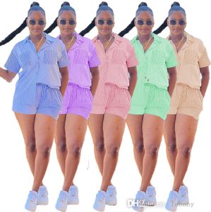 Mode Trainingspak Gestreepte Vrouwen Tweedelige Set Outfits Korte Mouw Pocket Shirt En Shorts Set 2023 Ins Zomer Streetwear 2 Stuks Pak