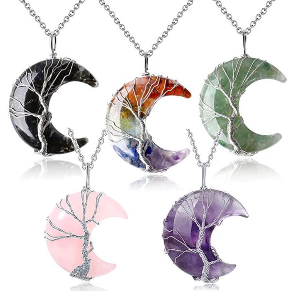 Mode Arbre de Vie Collier Fil Wrap Croissant de Lune Cristal Pendentifs Puce Quartz Pierre Naturelle Résine Acier Inoxydable 8 Couleurs