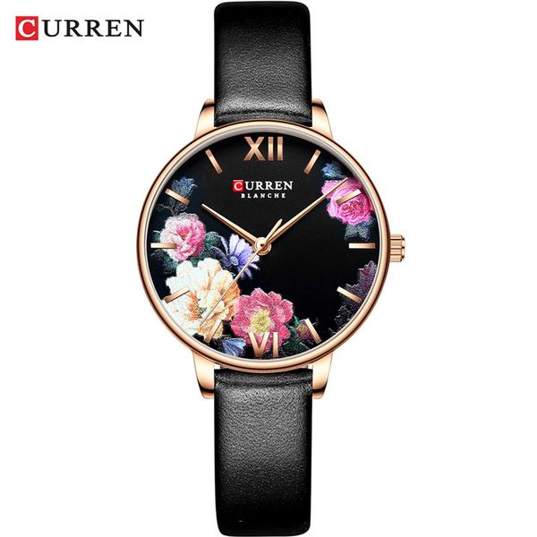 Mode tendance fleur montres en cuir CURREN classique noir montre-bracelet femme horloge dames montre à Quartz relogios feminino284b