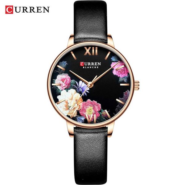 Mode tendance fleur en cuir montres CURREN classique noir montre-bracelet femme horloge dames montre à Quartz relogios feminino2799