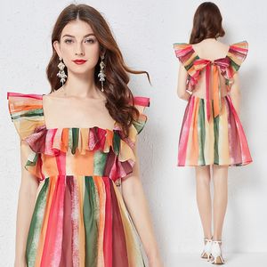 Tendencia de moda chica vestido con lazo estampado 2022 vestido de malla de encaje de verano manga con volantes vestidos de Boutique estampados dulce Sexy vestidos sin espalda