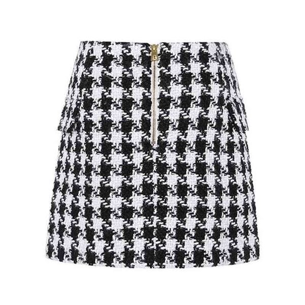 Tendance de la mode des femmes boutons de lion double boutonnage T laine pied de poule Mini jupe élégante Plaid une ligne jupes courtes 210721