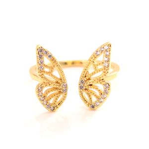 Anillos de tendencia de moda 24 k oro GF 10 kt CZ pedrería joyería ajustable tamaño abierto anillo de mariposa con incrustaciones de alto grado mujeres brillantes de lujo