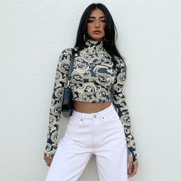 Mode Tendance Femmes Élégant Dragon Imprimé Crop Tops À Manches Longues Col Haut Slim T-shirt Skinny Tees pour Le Printemps Automne 220728