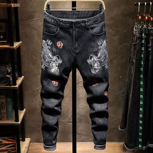 Zwart borduurwerk heren jeans slank fit split denim broek pantalones para hombre vaqueros