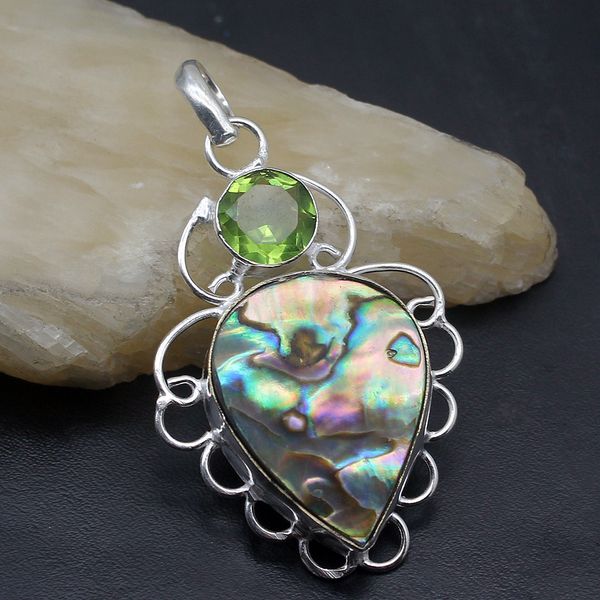 Fashion-Trendy Natural Abalone Shell Peridot 925 Sterling Silver Charms Pendant Fashion Jewelry Gift 2 1/4 Inch A235