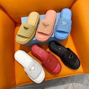 2024Nieuwe Stro Slipper platform sandaal prad luxe Designer schoen Zomer Dames Mule loafer sandale Sliders Outdoor Driehoek Zomer strand Slide Casual schoenen zwembad box