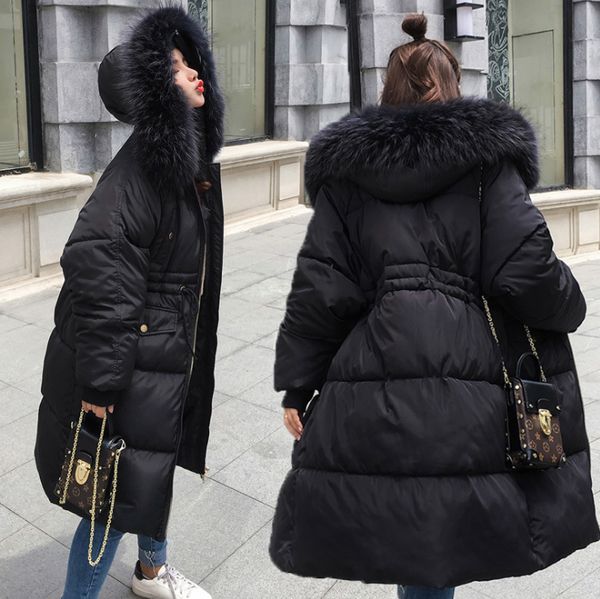 FASHION- Tunique rouge veste bouffi blanc gris noir avec chaîne de tirage, l'hiver manteau parka à capuche en fourrure les femmes de bombardiers à long chaud vers le bas électrique matelassée