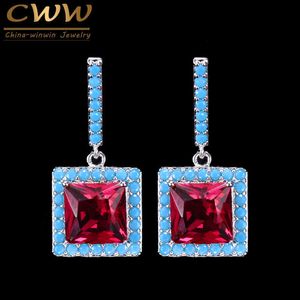 Mode Turks Lichtblauw en Rood CZ Crystal Elegant Square Drop Dangle Oorbellen voor Dames CZ119 210714