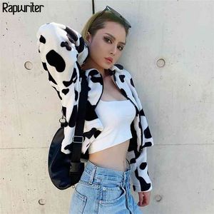 Mode Turn Down Collar Milk Cow Furry Jas Dames Streetwear Lange Mouw Bomber Rits Jas Losse Herfst 210510