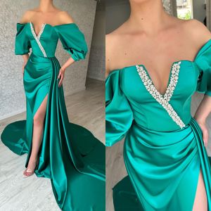 Mode Turquoise Vert Robes De Bal Hors Épaule Perles Col En V Robes De Soirée Manches Bouffantes Plis Fente Formelle Longue Occasion Spéciale Robe De Soirée