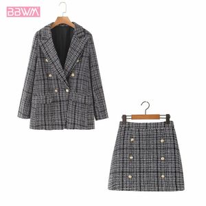 Mode Tweed Plaid Double Breasted Revers Lange Mouw Chique Vrouw Jas Zoete Hoge Taille Mini Plaid Dames Skirts Suit 210507