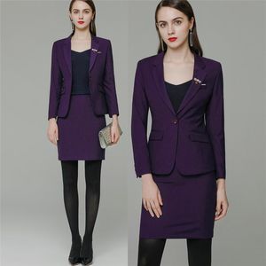 Fashion-Dos piezas Vestido Oficina Uniforme Diseños Button Single Blazer y Falda Set Traje Formal Para Mujeres Negocio Púrpura Profesional Lujo