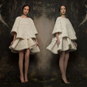 Vestido de fiesta de dos piezas de moda Cuello barco Manga 3/4 Apliques Vestido de fiesta corto sexy Vestidos de noche de colección Krikor-Jabotian 2017 por encargo