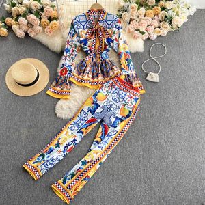 Conjunto de dos piezas de moda para mujer elegante otoño Vintage estampado pantalón traje blusa con volantes camisa Top y pantalones largos conjuntos