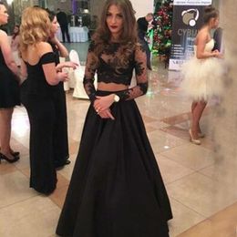 Mode Twee Stukken Prom Jurken Sexy Illusie Bodice Sheer Crop Top Lange Mouwen Kant Geappliceerd Avond Party Jassen Vloerlengte Zwart