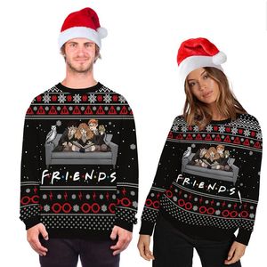 Suéter de Navidad feo a la moda, suéter de cuello redondo con estampado 3d de personajes de dibujos animados de película, jersey de manga larga para pareja