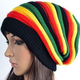 Mode unisex elastische reggae gebreide beanie schedel hoed regenboog gestreepte motorkap hoeden slouchy lente gorro caps voor mannen en dames2888