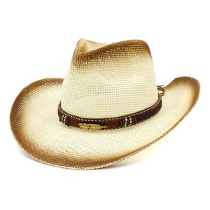 Mode Unisex Mannen Vrouwen Bruin Spray Verf Papier Stro Cowboy Hats 2019 Zomer Outdoor Grote Bravel Sunhat Lederen Band Decor