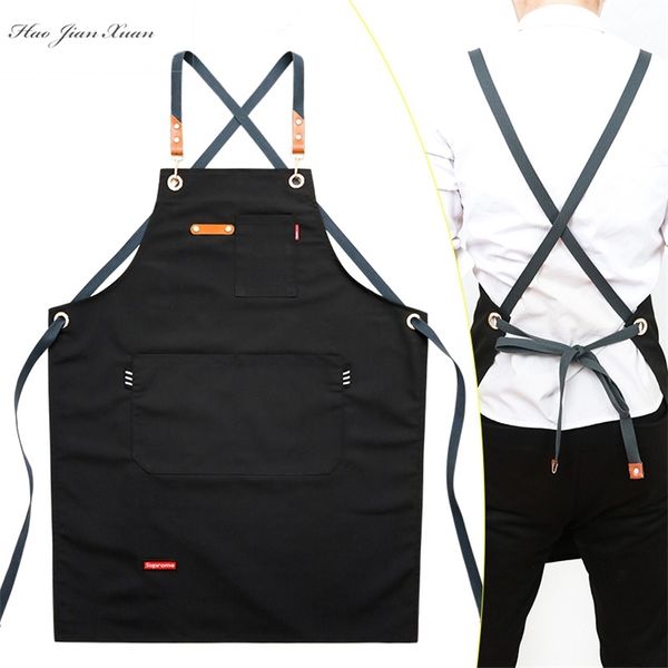Tablier de travail unisexe de mode pour hommes toile noire bavoir réglable cuisine cuisine femme avec poches à outils 210625